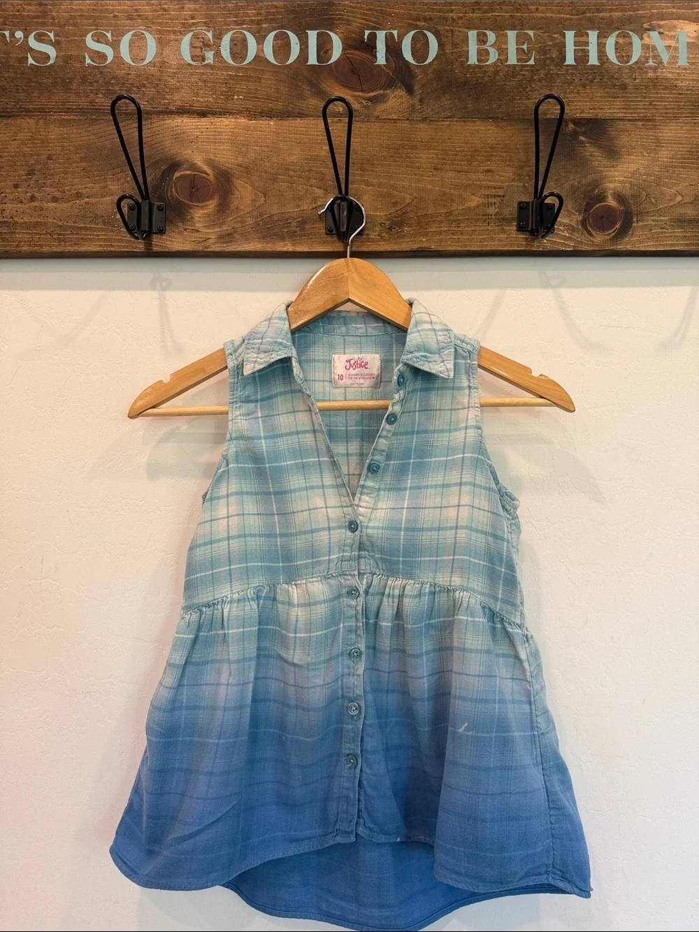 Justice Blue Mint Ombre Plaid Sleeveless Button-Front Shirt